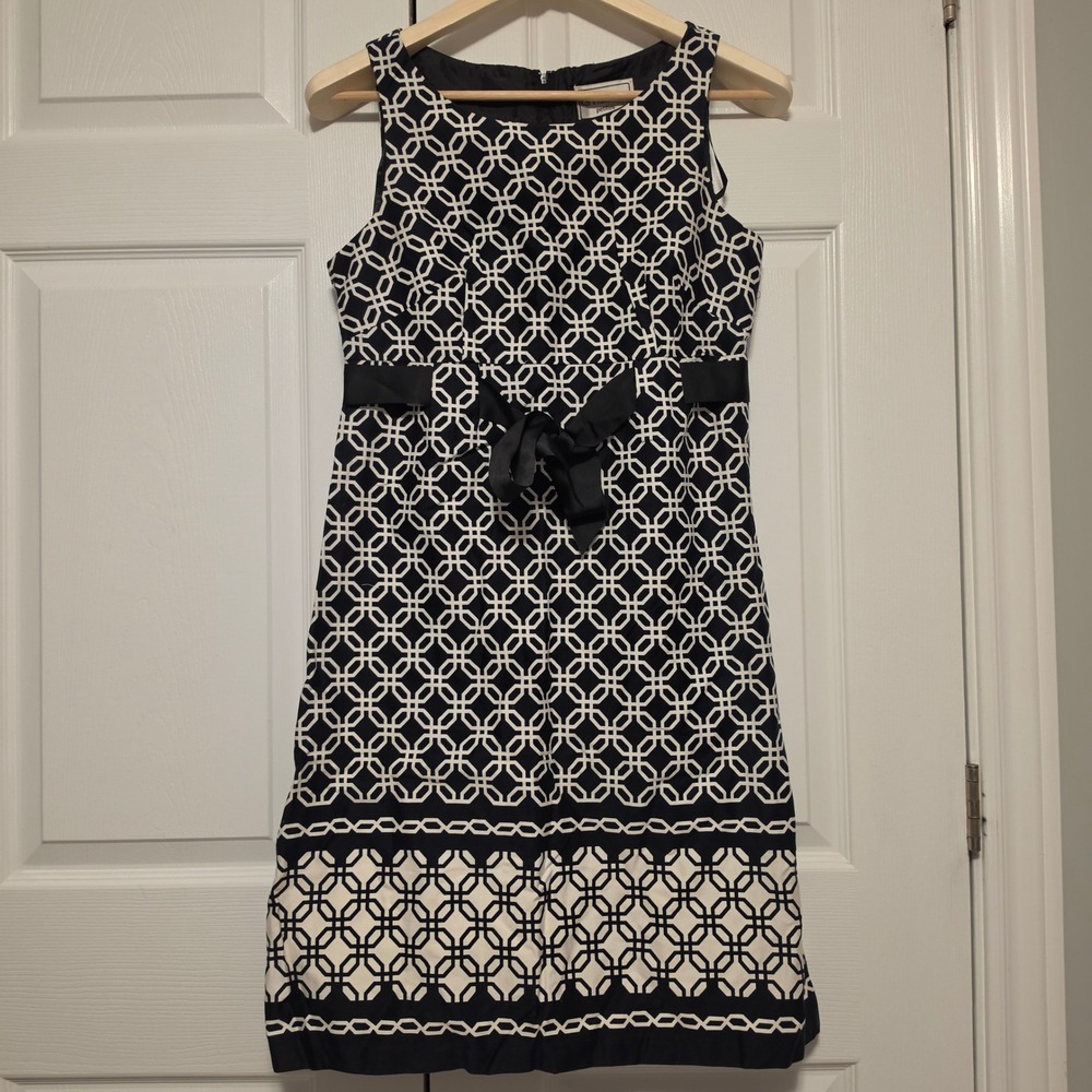Karin Stevens Geometric Print Sleeveless Navy White Sheath Dress Size 10P